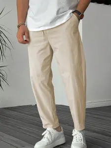 Men's Beige Plain Loungewear Homewear Pants - Lightweight Breathable Fabric, Elastic Waist with Drawstring, Relaxed Tapered Fit for At-Home Lounging, Lazy Weekends & Casual Evenings