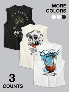 Men's Coconut Tree & Skull Tropical Print Tank Top, Summer Tank Tops, Loose Casual Knit Fabric Soft Comfy Sleeveless Vest Beachwear for Summer, Men's Top for Beach Vacation