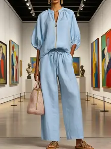 Women's Casual Tracksuit 2 Piece Outfit Half Zip Up Top and High Waisted Wide Leg Joggers Athletic Loungewear