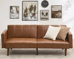 75" Futon Sofa Bed, Mid-Century Modern Futon Couch, Convertible Sleeper Sofa with Adjustable Backrest, Loveseat, Small Sofa with Side Pockets, PU Leather Sofa Couch for Living Room, Brown