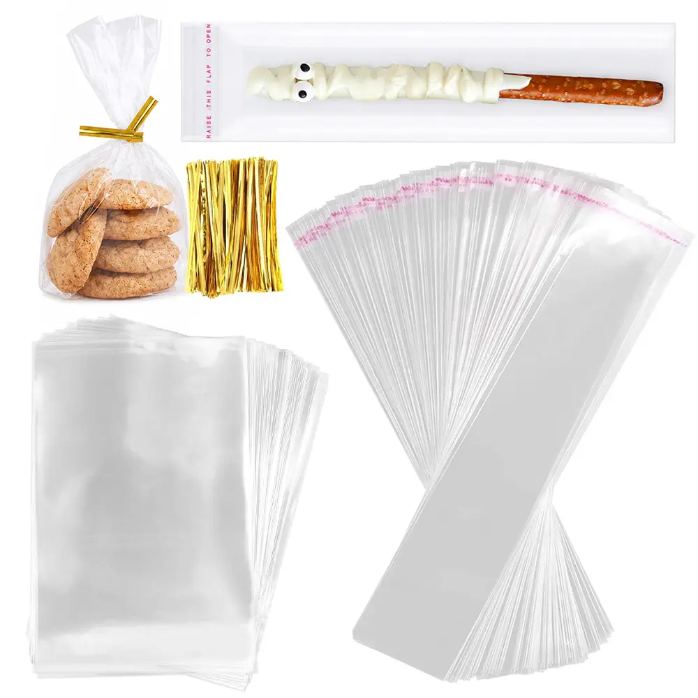 400Pcs Clear Cellophane Treat Bags with 500 Twist Ties, Transparent Candy Cookie & Pretzel Rod Packaging Bags, Disposable Snack Wrappers, Perfect for Birthday Party, Dessert, Biscuit & Homemade Treat Packaging