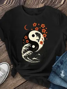Chinese-Style Tai Chi Diagram Women'S Short-Sleeved, Casual Short-Sleeved T-Shirt, Women'S Wear, Regular Length, Casual Short-Sleeved T-Shirt