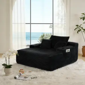 65'' Chaise Lounge Chair Indoor, Oversized Upholstered Boneless Sofa Bed with Cup Holders, Deep Seat Sleeper Couch, Plush Cloud Sofas Couches for Living Room (Corduroy, Black)