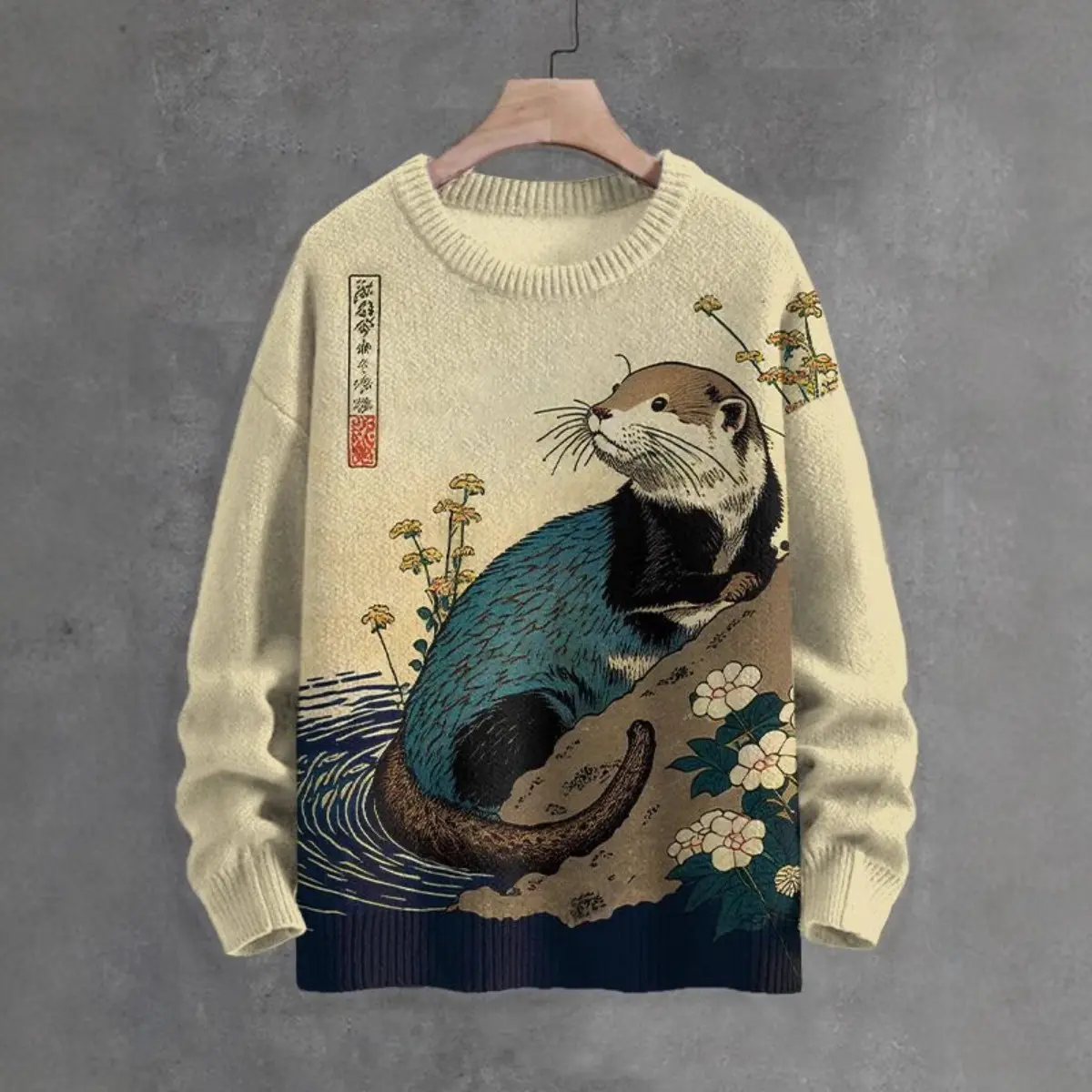 Men’s Crew Neck Sweatshirt, 3D Digital Print Faux Sweater Style Pullover, Loose Hip‑Hop Casual Top for Autumn Spring