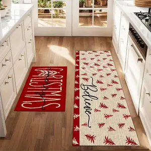 2Pcs Christmas Red Christmas Tree Floor Mat Set Farmhouse Kitchen Rug Dining Room Flooring Laundry Room Decor Carpet Mat Home Decor Rugs