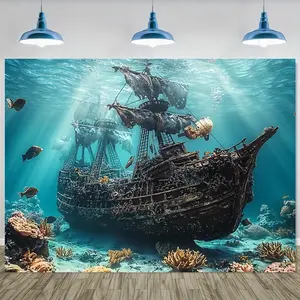 Pirate Ship Themed Polyester Backdrop Banner, Durable, No Electricity Needed, for Wedding, Birthday, Anniversary, Bachelor Party, and General Home Decor