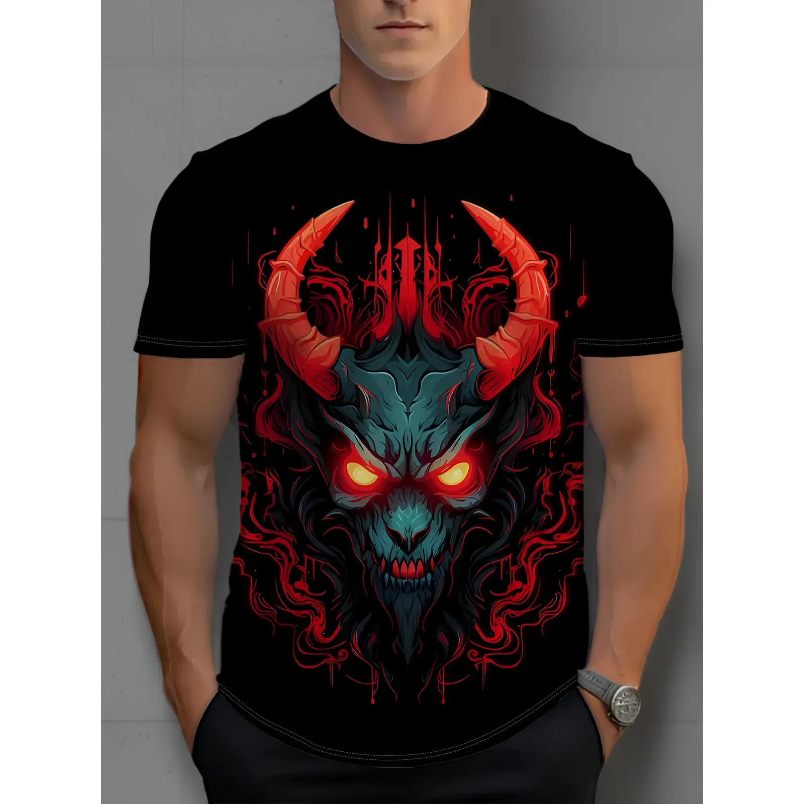 High QualityThis Men's Printed T-shirt Features a Heavy Metal 3D Design Showcasing a Gothic Demon Horn Pattern, with a Bright-colored Round Neck and Short Sleeves.Perfect for Summer Adventures and Everyday Casual Wear All Year RouLeisure and Fashion
