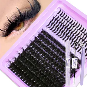 Quaffly Eyelash Cluster Set, D Curl Eyelashes, 224Pcs D Curl 80D Dense, Volume & Spike Mixed Length, DIY Lash Extension Kit with Glue & Seal Tweezers