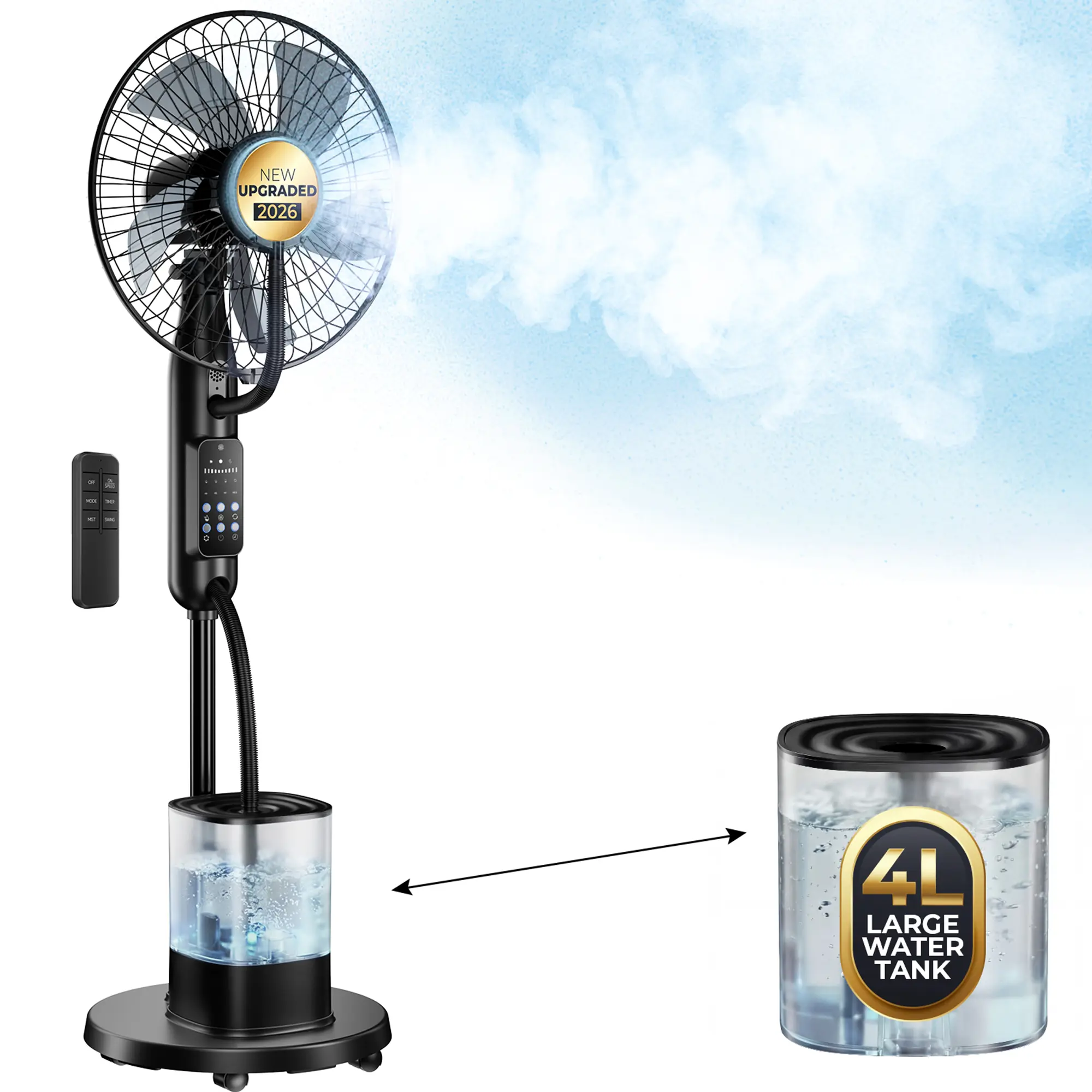 Upgraded 4L Large Water Tank Mister Cooling Fan, 5 Speeds 3 Modes Misting Standing Fan, Floor Fan with Remote for Home, Bedroom, Patio, Outdoor