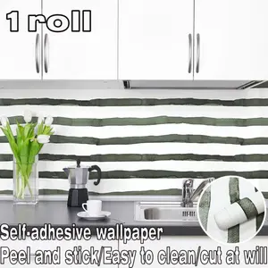 1 roll of minimalist green striped self-adhesive wallpaper. Easy to paste, clean, trim, and Cut At Will; removable. Ideal for decorating walls and furniture in living rooms, bedrooms, dining rooms, TV accent walls, and more. Perfect for home decoration.