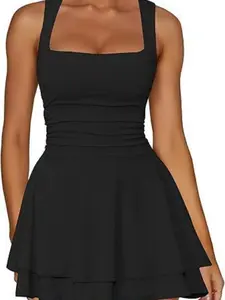 2026 Square Neck High Waist Mini Dress, Ruffled Hem, Short Style, Women's Fashion, Perfect for Casual and Party Wear