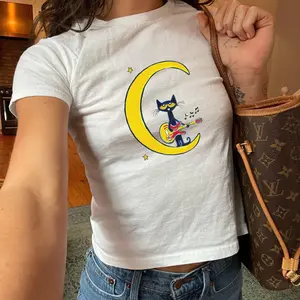 Pete The Cat Playing Guitar On The Moon Baby Tee, Coquette Baby Tee, 90S Vintage Shirt, Pinterest Trendy Aesthetic, Cool Girl Baby Tee