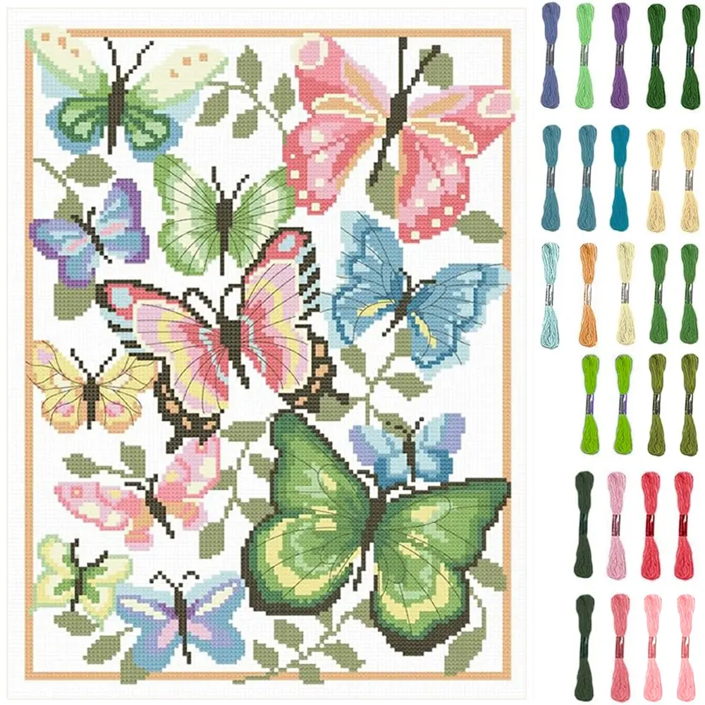Blossom Butterfly Cross Stitch DIY Art Kit, Beginner-Friendly Fabric Decoration Set, Includes Printed Cloth, Threads, Tools, Unique Home Decor, Gift Idea