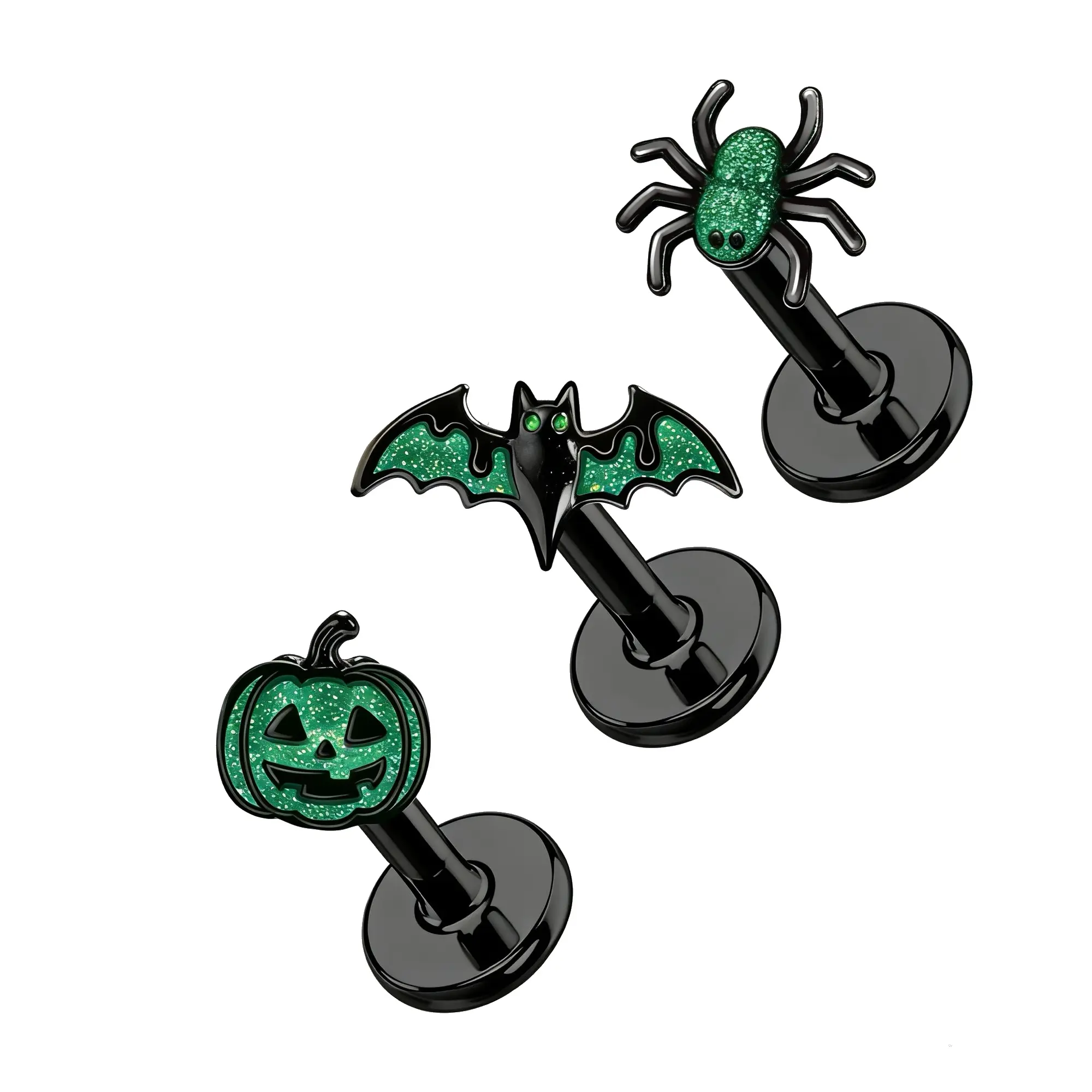 OUFER Halloween Theme Green Glitter 16G 3PCS Internally Threaded Cartilage Helix Stud Earrings OUFER Halloween Theme Green Glitter 16G 3PCS Internally Threaded Cartilage Helix Stud Earrings