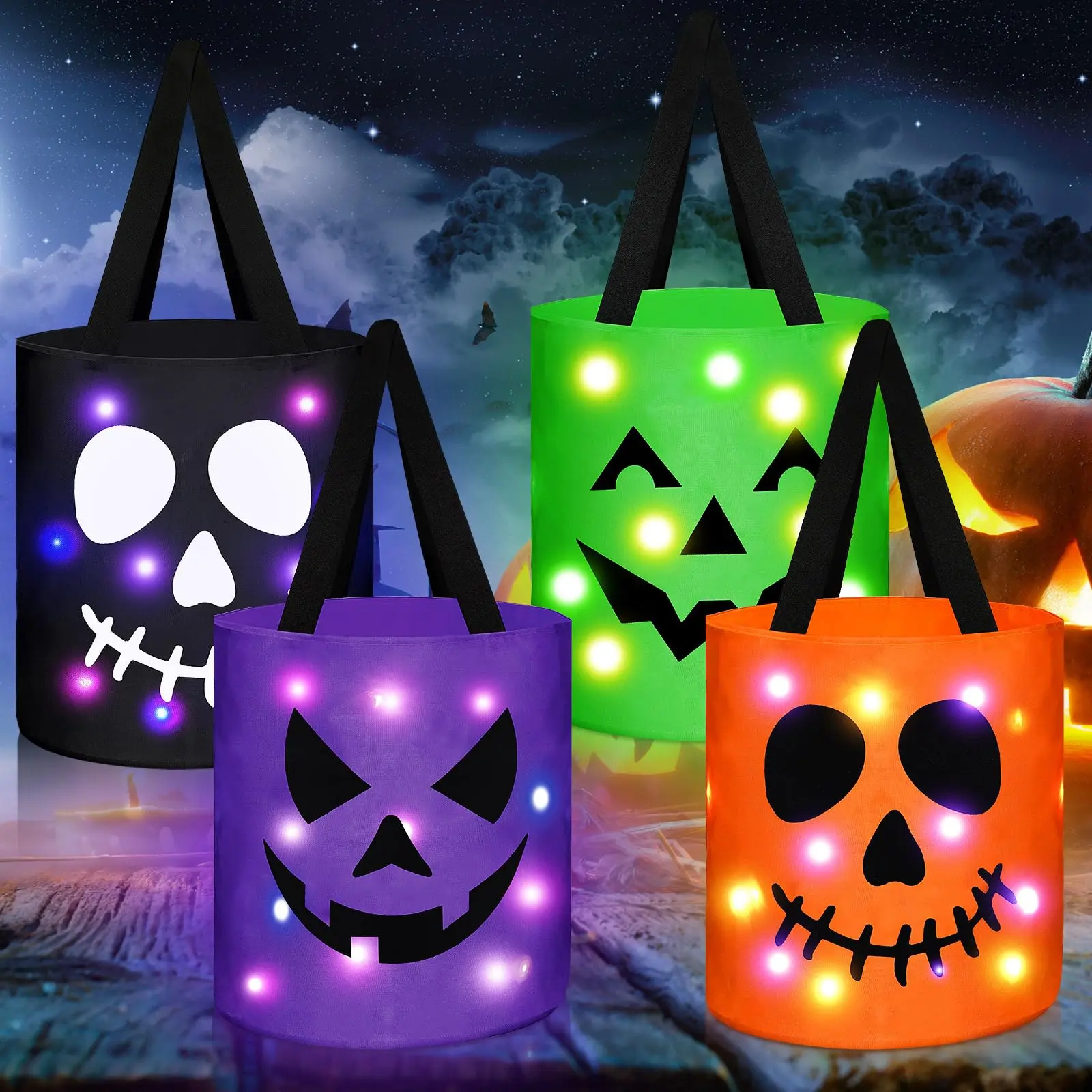 3/4 Pcs Halloween Candy Bucket with LED Lights Trick or Treat Bags Pumpkin Candy Bags Reusable Tote Bags for Students Adults,Night Light Bags for Home Garden Lawn Decorations,Halloween Birthday Christmas Party Favor Supplies