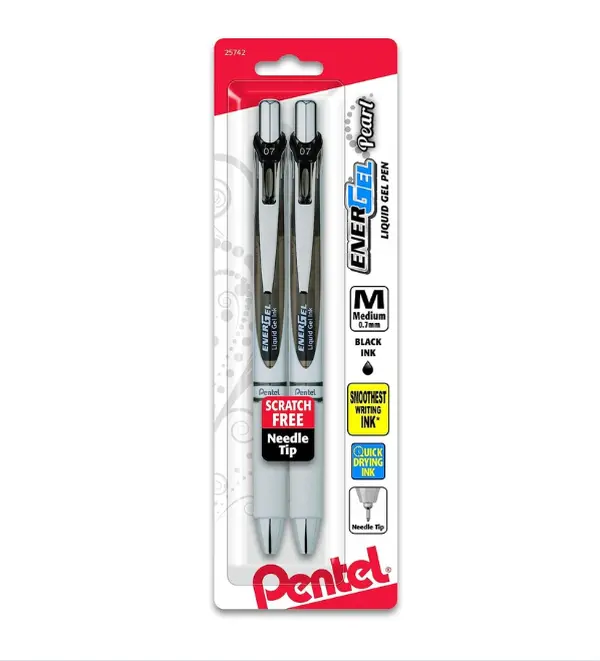 Pentel EnerGel Pearl RTX Retractable Gel Pen, 0.7mm Needle Tip, 2 Pack, Black Ink (BLN77WBP2A)