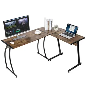 SUPERDEAL L-Shaped Home Office Computer Desk - Wooden Tabletop, Metal Legs, Anti-Scratch, Beveled Edge, Corner-Fit, Modern Commercial Office Furniture Workstation with Metal Frame