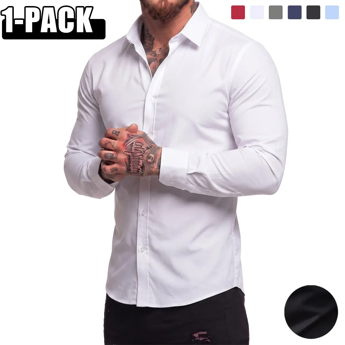 JOGWAVE men’s stretch dress shirt, long sleeves, slim fit, business casual button-down shirt made from polyester fabric; designed for fathers; suitable for the back-to-school season; muscle-fit men’s dress shirt; four-way stretch long-sleeve collared soli