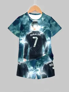 C Ronaldo 7 Number Star Boy Set, Summer Football Style Celebrity T-Shirt and Shorts Two-Piece Set, Kids Sports Casual Wear, Sports Outfit, Sports Suit Set
