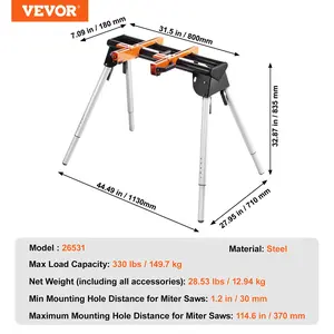 VEVOR Miter Saw Stand, 330lbs Load Capacity Steel Collapsible Stand for Miter Saw with One-piece Mounting Brackets Clamps, 29.1-32.9 Adjustable Height, Portable Compact and Folding Miter Saw Stand