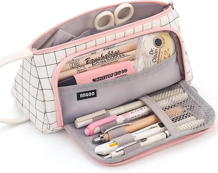 ANGOO Big Capacity Pencil Case Pouch with Grid Design & Mesh Pocket for ...