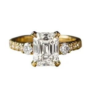 Emerald Cut CZ Engagement Ring, Gold Plated Three-Stone Promise Ring for Women marquise outdoorfun