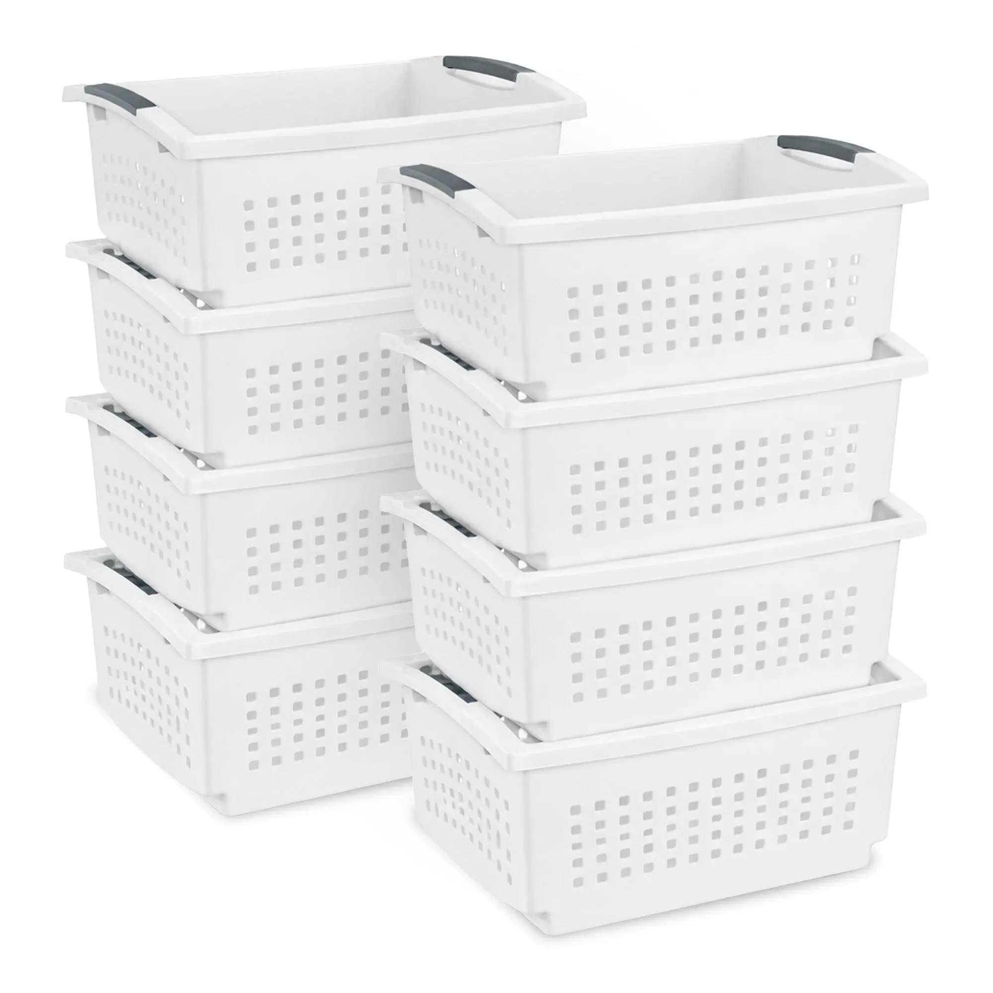 Sterilite Large Stacking Basket, Open Top Storage Bin w/ Handles, 8 Pack, White