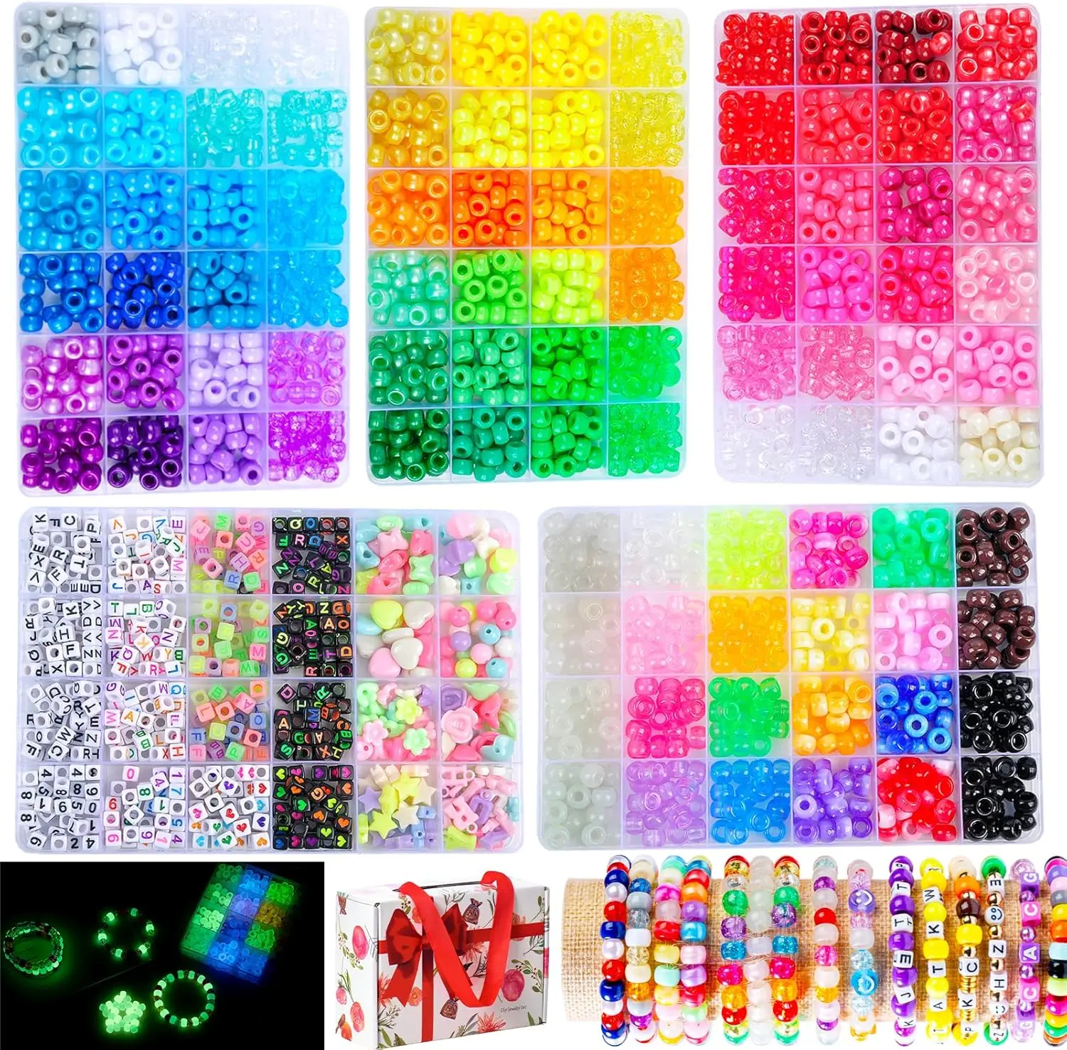5 Boxes Bracelet Making Kit Pony Beads, 6x9mm Kandi Rave & Hair Beads Set with UV Color Changing, Glow-in-Dark, Chrome & Alphabet Letters for Friendship  DIY Crafts