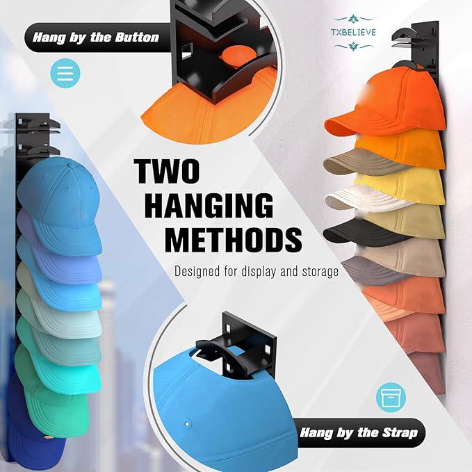 Hat Organizer for Baseball Caps, Hat Rack for Wall with Strong Adhesive Hold up to 20 Hats, Hat Hanger Holder Display for Door Closet, Cap Organizer Storage Multilayer Two Mounting Option(Black/White)