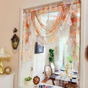 French Vintage Floral Lace Ruffle Half Curtain, Romantic Sheer Arch Small Curtain, Kitchen Dining Coffee Curtain Decor, 1pc