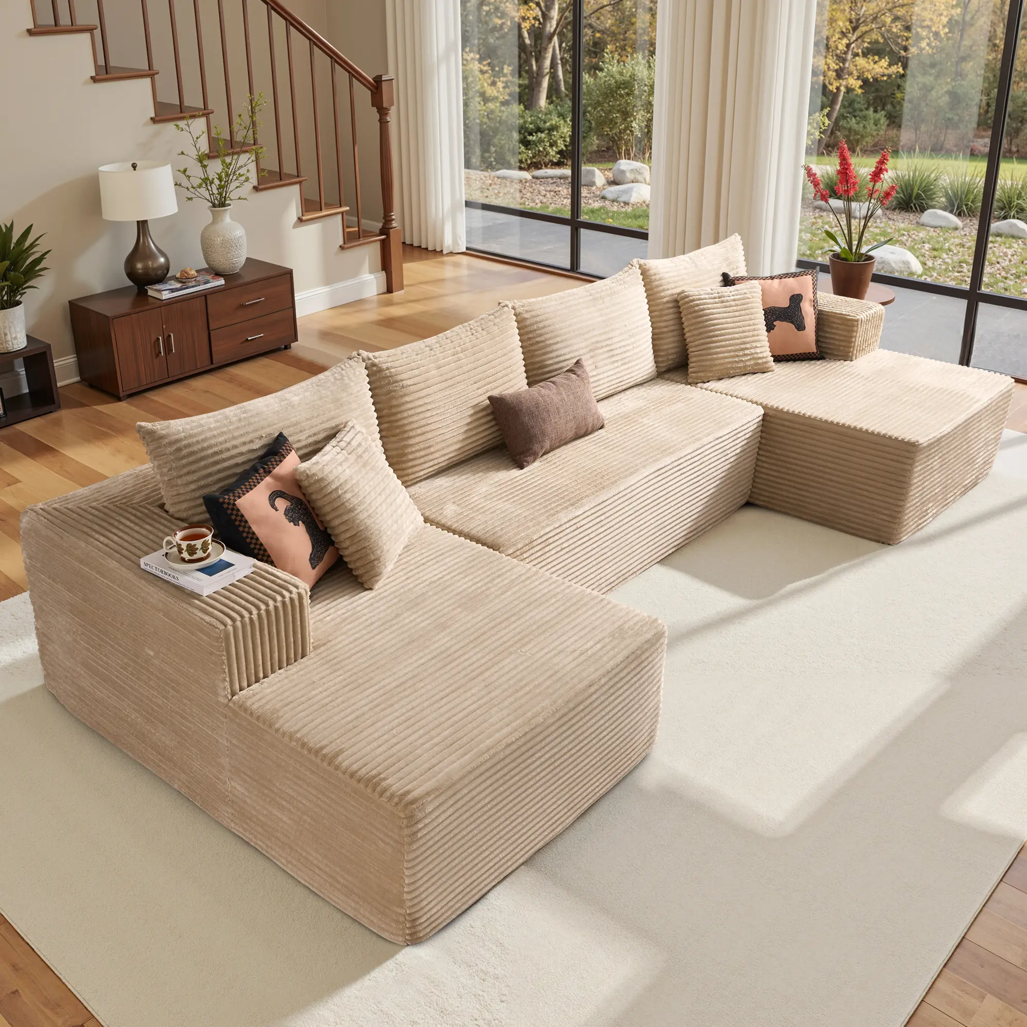 135" Beige U-Shaped, 2*Chaise 2