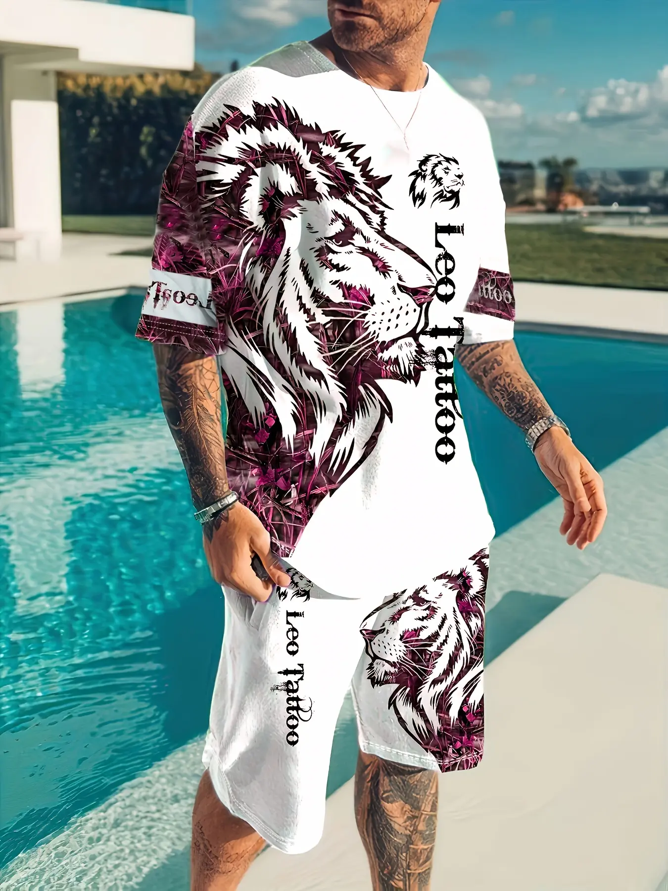 Summer Men's Lion Print Graphic Tee Set, Outfit Sets, Trendy Menswear, Comfortable T-Shirt Round Neck & Shorts, Breathable Outdoor Casual Sportswear, Regular Fit, Polyester Fabric