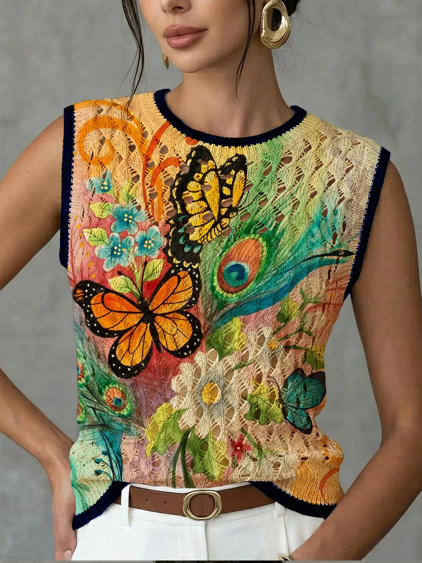 Women's Elegant Watercolor Floral Butterfly Feather Print Round Neck Sweater Vest, Casual Sleeveless Knit Top for Spring Summer Fall