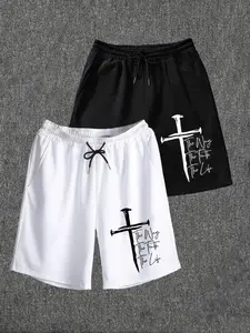 Men's Cross Faith Print Shorts Set, Casual Value Pack, Comfortable Simple Design, Suitable for Home and Outdoors, Two-Piece Short Pants