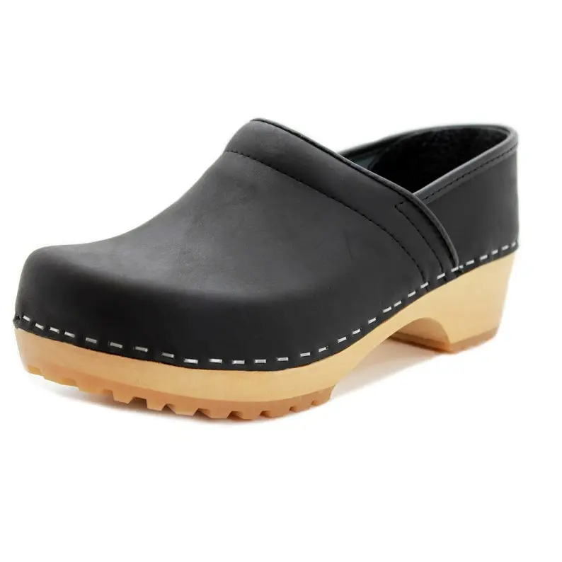 Tindra Wood Closed Back Grippy Black Leather Clogs