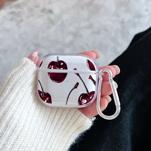 Cherry Reverie Pattern TPU Soft Protective Case for Apple AirPods 4/3/2/1/Pro/Pro2 Transparent Earphone Cover with Keychain Attachment