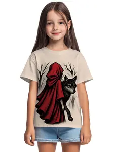 Vintage Little Red Riding Hood digital printed summer fashion girls' clothing, 100% polyester made for energetic children, cute girls' short-sleeve T-shirts, summer casual children's wear, outdoor sports T-shirts