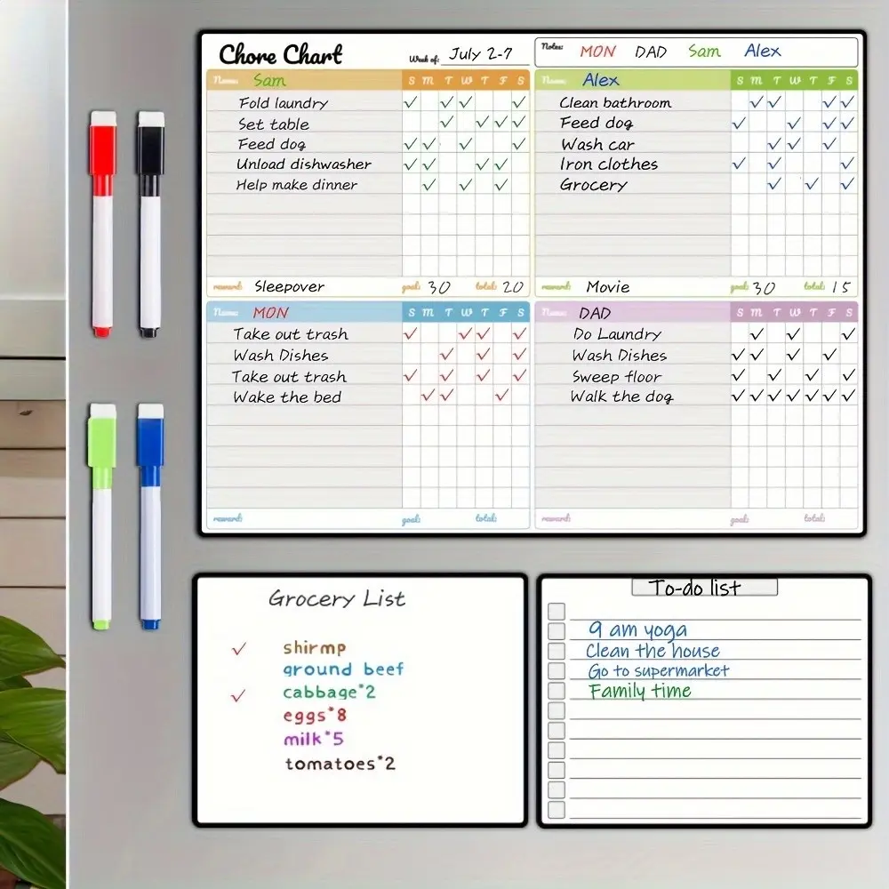 Magnetic Erasable Chore Chart Set for Teens and Adults, Includes 1 Chore Sheet + 2 Erasable Whiteboards, Household Planning Kit, Weekly Planner, Organiser, Organizer, Lists