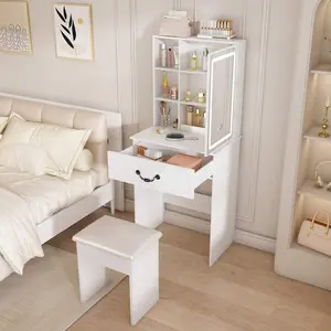 23.62" Modern Mini Dressing Table With LED-Lit Mirror & Hidden Storage,Includes Padded Stool, Adjustable Brightness Vanity Desk, Multi-Tier Dust-Proof Shelves,White