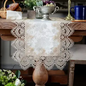 Lace Table Runner Farmhouse Boho Christmas Rustic Embroidered Dresser Scarf Oblong for Wedding Shower Party Decor (Light Brown, 16 x 108 Inch)