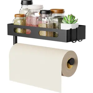 Wall Mount Paper Towel Holder with Shelf and 2 Hooks, Matte Black Paper Towel Rack Spice Rack for Kitchen Bathroom RV