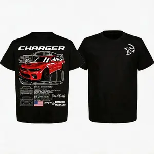 Charger Hellcat Red T-Shirt – Red Muscle Car Graphic Tee with Blueprints and Specs, Modern Mopar Streetwear Top Menswear Car Enthusiast Gift For Men, True Classic Mens T-Shirts – Short Sleeve Crew Neck T Shirts for Man, Cotton Novelty Men's T-Shirts