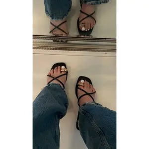 Angelica Strappy Toe Ring Sandal - Black - Flat Sandal - Opened Square Toe