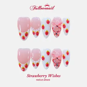 Fullovenail Almond Shape Hand Painting Strawberry Press on Nails