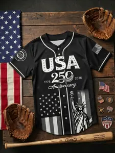 1776-2026 Anniversary 250 Print Men's Sport Short Sleeve Open Front Baseball Jacket, Casual Fitted H-Type All over Print Top