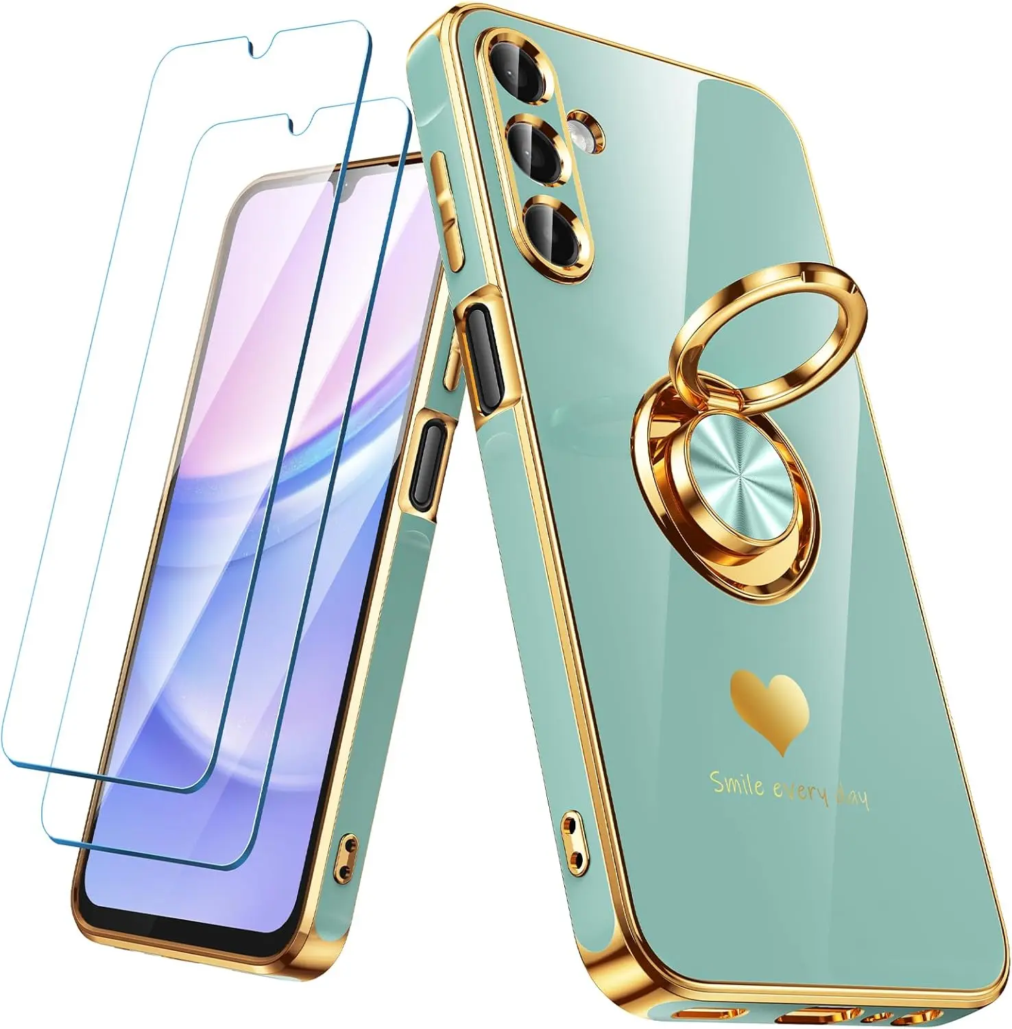 for  Galaxy A15 5G Case with 2 Pack Screen Protector, 360 Rotatable Ring Holder [Luxury Hearts ]   Edge Slim Soft Phone Cover Case for Galaxy A15 - Mint