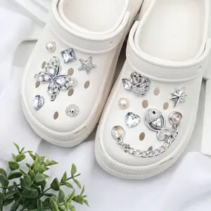 12Pcs Luxury Silver Bling Shoe Charms for Clogs, Rhinestone Butterfly Swan Chain Accessories, DIY Sparkling Crystal Pins Set for Women Girls