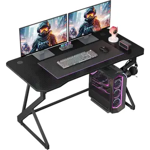 Gaming Desk Z Shaped 40 Inch Gamer Workstation,   Carbon Fiber Surface Gaming Desk PC Table with Headphone Hook, Carbon Fiber Black