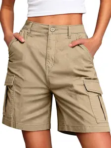 Womens Solid Color Cargo Shorts with Multiple Pockets Casual Workwear Shorts for Women Stylish and Comfortable American Style Shorts