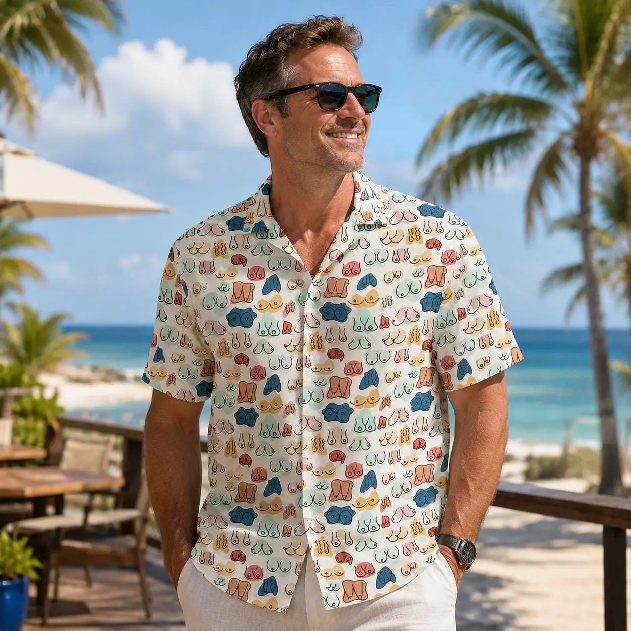 Funny Hawaiian Pattern Button Up, HG  Novelty Beach Wear, Summer Vacation Outfit, Casual Party Top, Mens Tropical Clothing